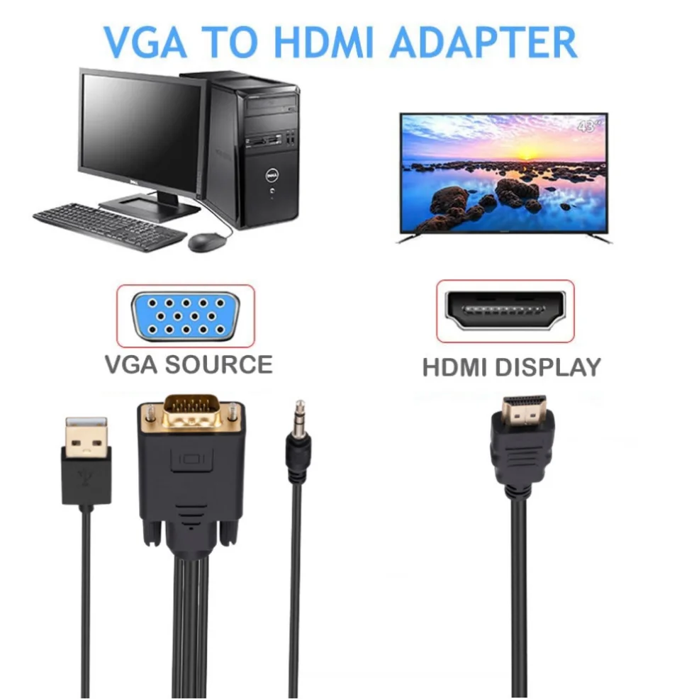 VGA to HDMI Adapter Cable 1080P VGA Male to HDMI Male Converter Cable With Audio USB Power for PC TV Laptop Monitor Projector