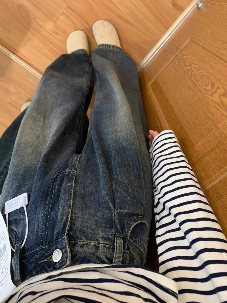 Retro Wide Leg Denim Jeans Women's Spring Autumn Cement ey Loose Fit High Waist Large Size Straight Leg Pants American Sle