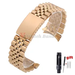 Curved End Stainless Steel Watch Bands - Jubilee Style Solid Strap Bracelet - 21mm (Rose - Gold)