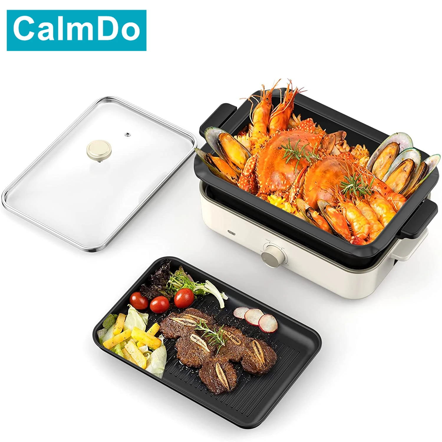 CalmDo Electric Skillet Grill Combo, 1400W Multi-functional 3 in 1 Griddle  with Tempered Glass Vented Lid Adjustable Temperature - AliExpress