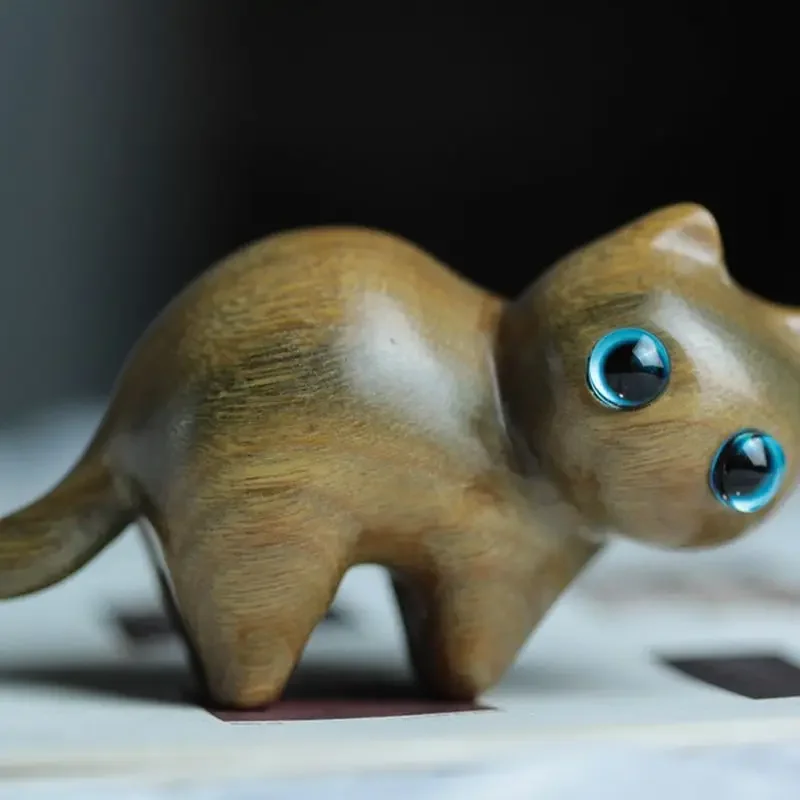 لطيف القطط الخشبية الصغيرة تمثال اليدوية نحت القطط...