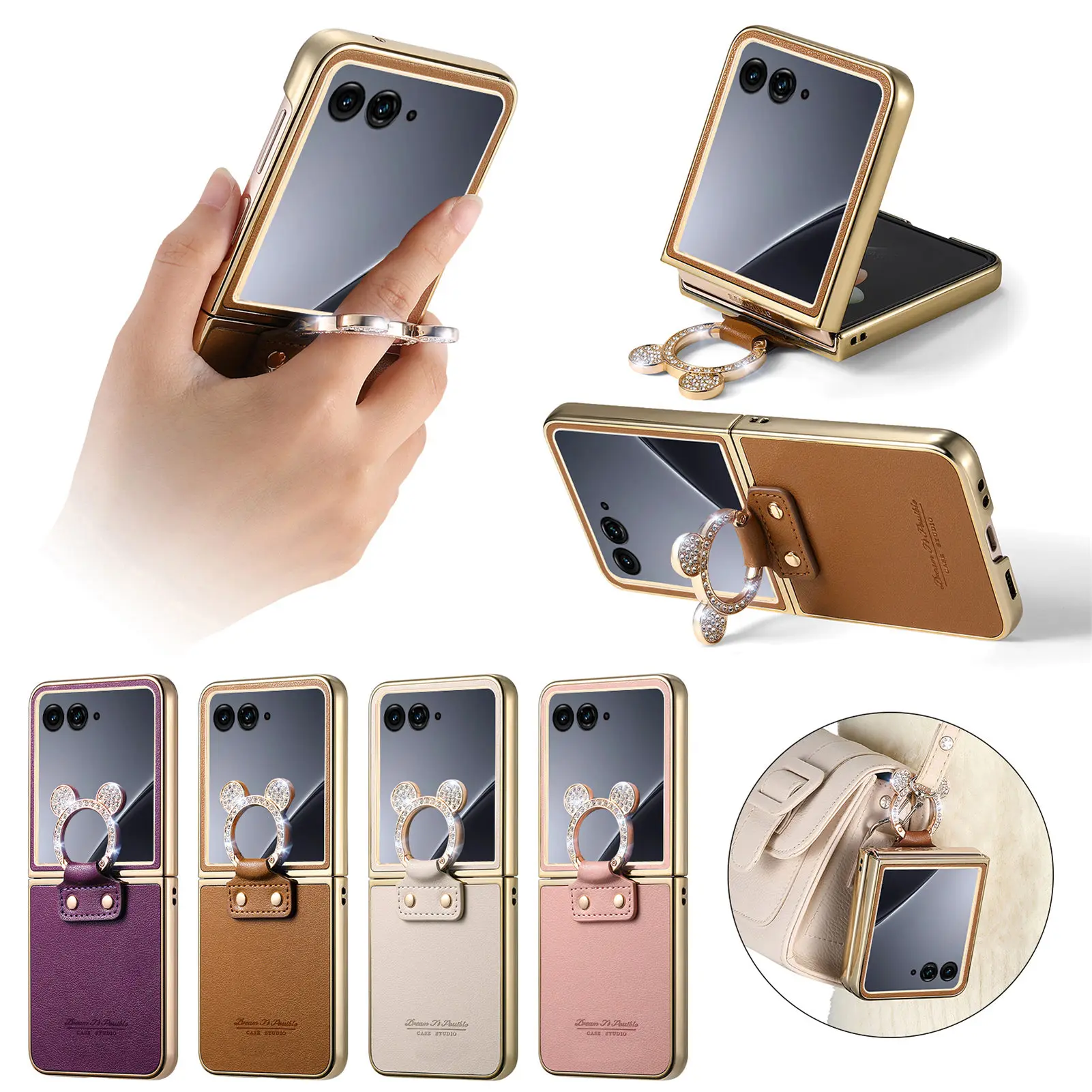 Elegant Magnetic Ring Holder Leather Case with Diamond Accents - Shockproof & Stylish Cover