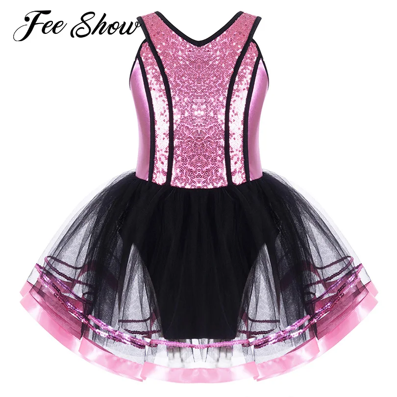 #6-16 Years Kids Girls Ballet Dance Leotards Dress Sleeveless Shoulder Straps V Neck Shiny Sequins Tutu Mesh Skating Dance Dress