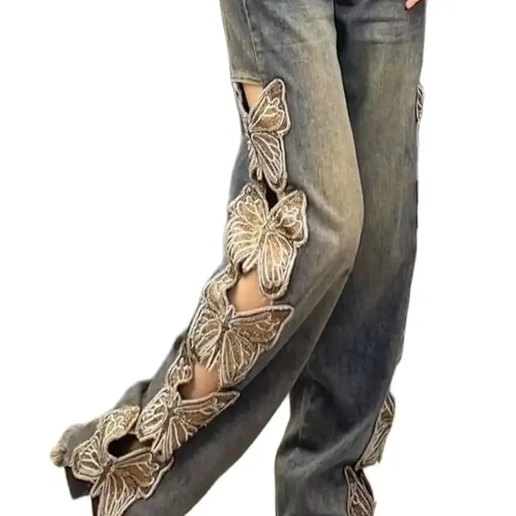 Jeans Butterfly Embroidery Y2K Hollow Out Women Harajuku  Denim Wide Leg Pants Streetwear High Waist Straight Trousers New