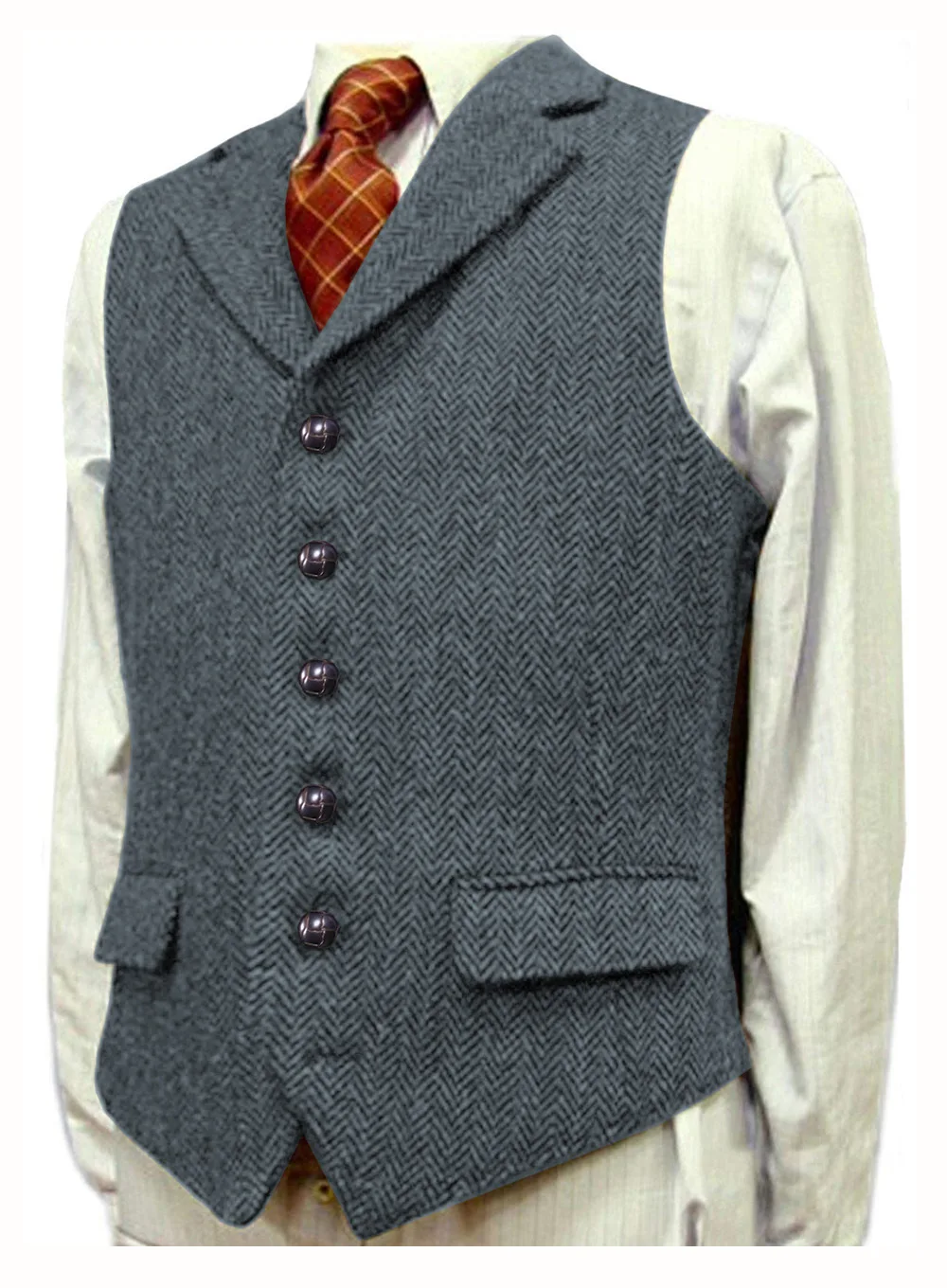 

Mens Tweed Suit Vests Formal Dress Waistcoat with 2 Flap Pockets Herringbone Business Blazer Vest Slim Fit Winter Costume Homme