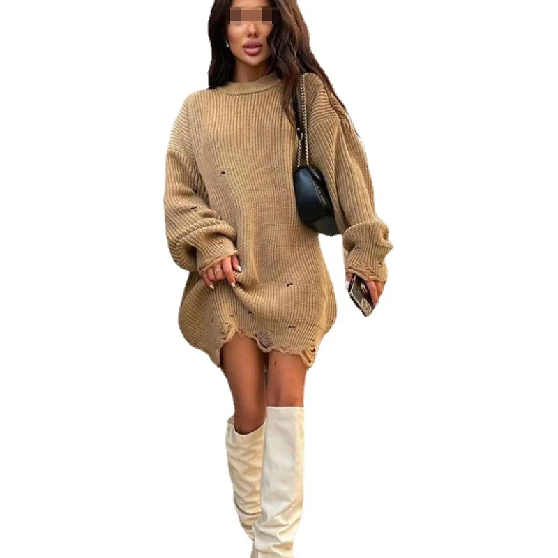 

2023Autumn/Winter Handmade Perforated Sweater Women's Loose Long Sleeve Top Street Round Neck Versatile Personalized Tassel Coat