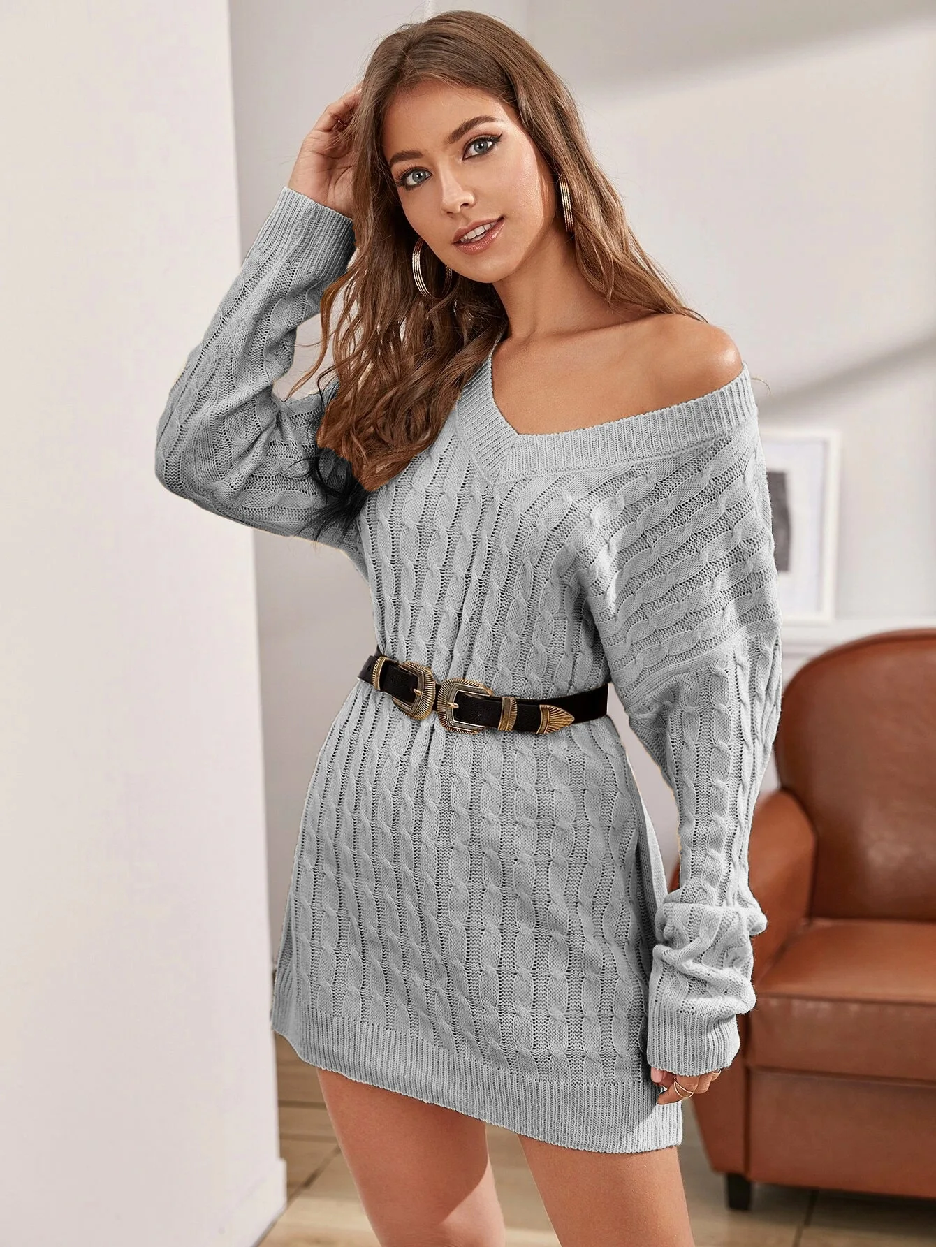 Knitted V-neck French Sexy Dress Fried Dough Twists Solid Color Medium Long Waisted Women's