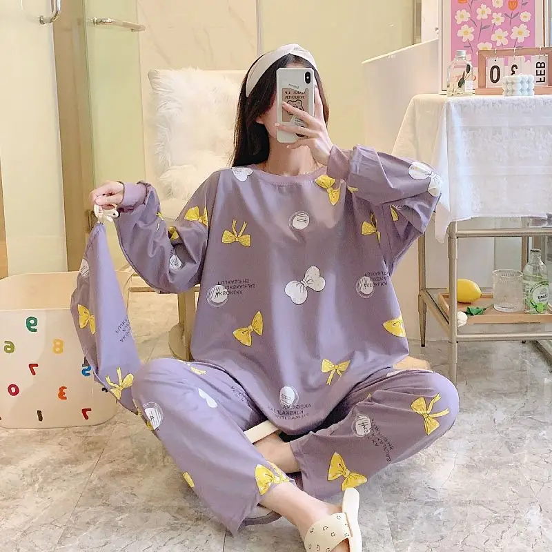 Loose Large Size Spring Autumn Women Pajamas 2024 New Female Sweet Cute Round Neck Homewear Suit Casual Cartoon Sleepwear Sets women pajamas spring autumn female long sleeve cotton large size round neck cardigan homewear suit casual loose sleepwear 2024