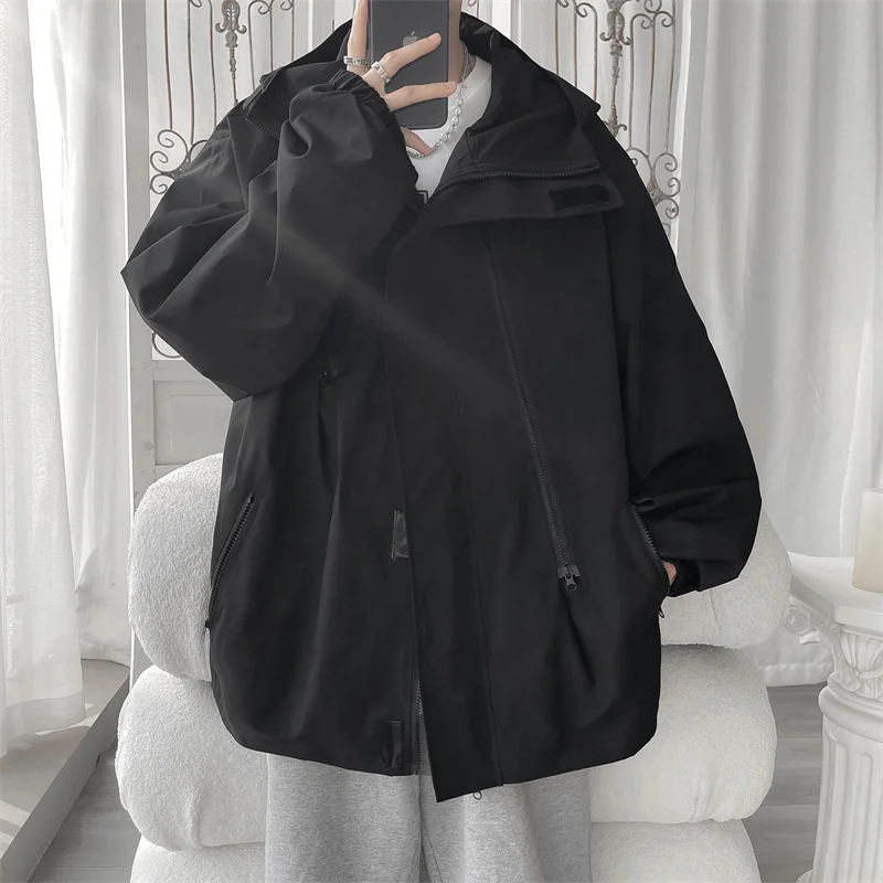 2023 New Men's Jacket Hong Kong Style Fashion Loose Large Size Zipper Hooded Cardigan Jacket with zipper for men