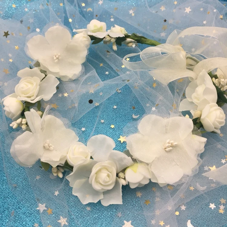 White Blue Pink Wedding Flower Crown Bridal Headband Floral Hair Wreath with Ribbon Girl Headwear Hair Accessories For Women