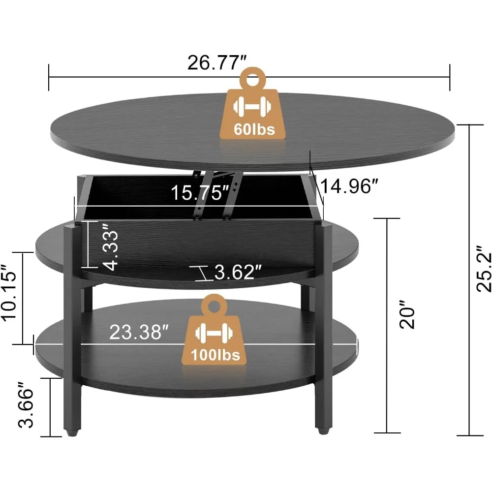 Round Lift Top Coffee Tables , Coffee Table for Living Room Reception Room, 2 Tier Small Round Coffee Table Circle Dining Tables 3