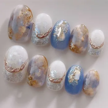 10PCS Fake Nails Mist Gradient Oil Painting Style Metallic French Tips Press-On Nail Tips Perfect for Gift To Girls and Friends 1
