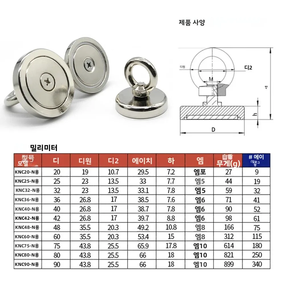 N52 헤비 듀티 서치 자석 강력한 네오디뮴 자석 구조 자석 심해 낚시 자석 링 아이볼트 장착