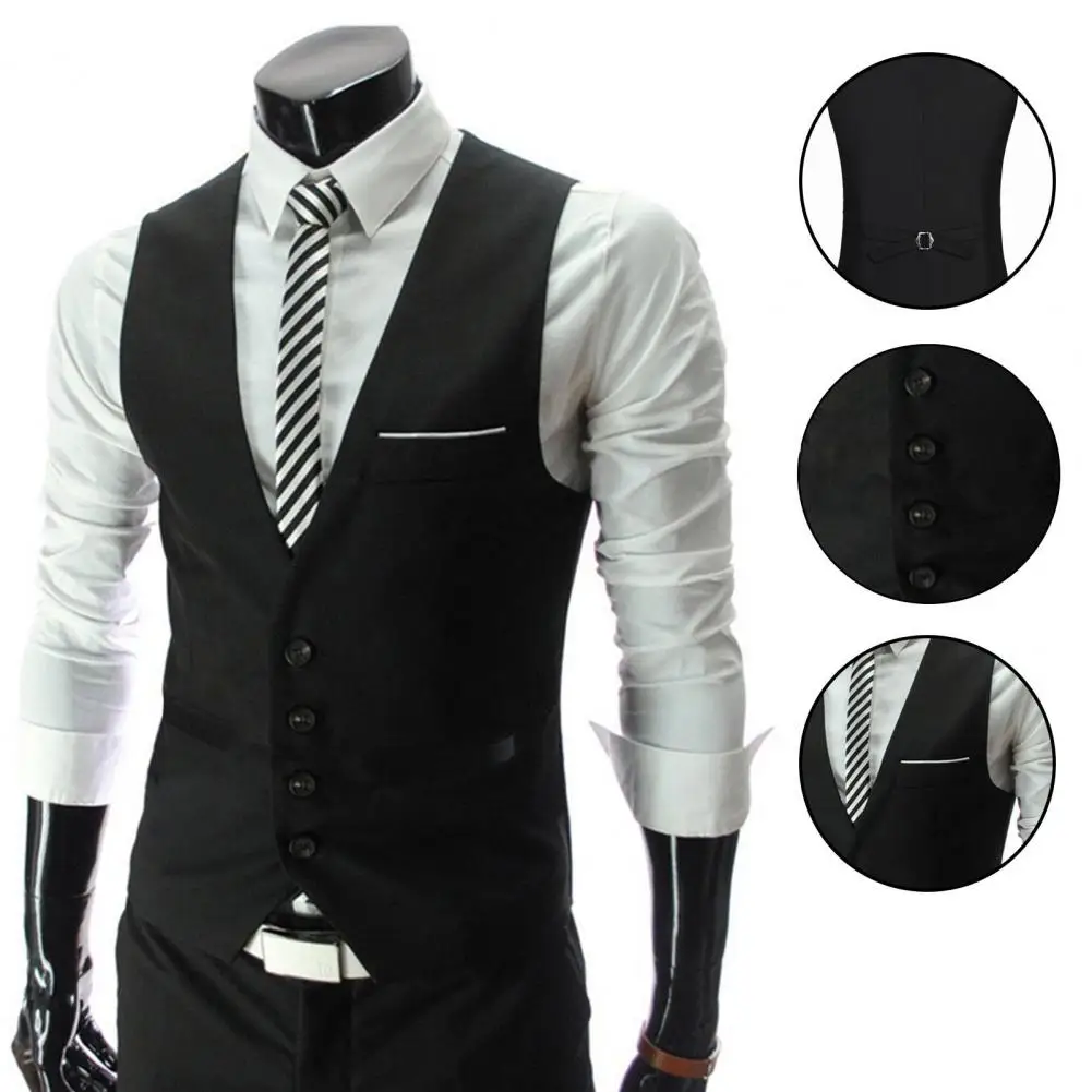 

Simple Pockets Suit Vest Formal Business Vest Sleeveless Men Solid Color Workwear Workwear