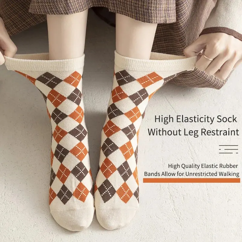 6 Pairs of Spring Summer Women Is Medium Socks Hose Khaki Vintage Flower Diamond Plaid Stripe Sweet and Comfortable 6