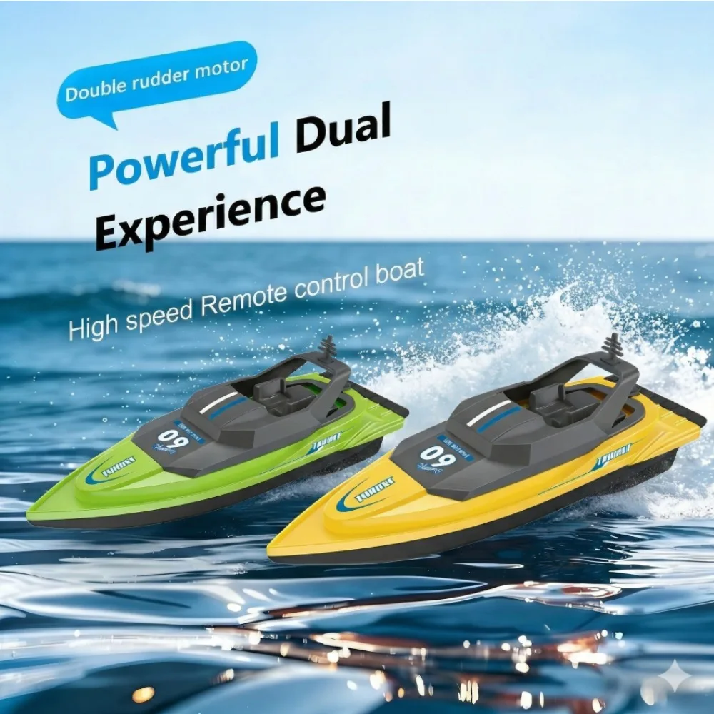 Bateau télécommandé haute vitesse flottant calmement sur une piscine, reflets lumineux