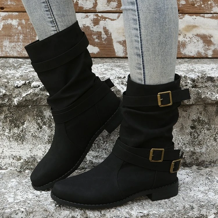 Botas media caña de cuero con hebilla para mujer, botines de tacón bajo, botas de invierno, botas de vaquero para mujer| | - AliExpress