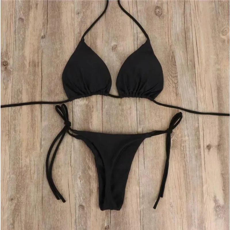 Bikini Set Women's Solid-color Separate Beach Wear Halter Three-point Backless Adjustable Lace-up Swimsuit