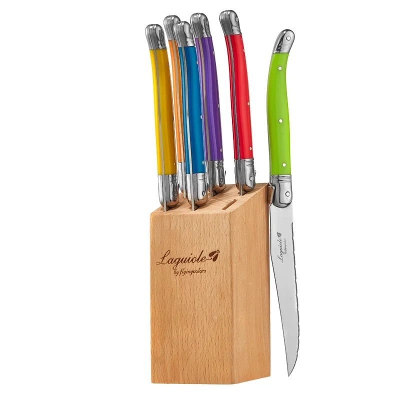 Description Picture 2 of item6pcs/7pcs Stainless Steel Steak Knife Set Laguiole Steak Knives With Wooden Holder Steel Dinner Knife Colorful Xmas Cutlery Set
