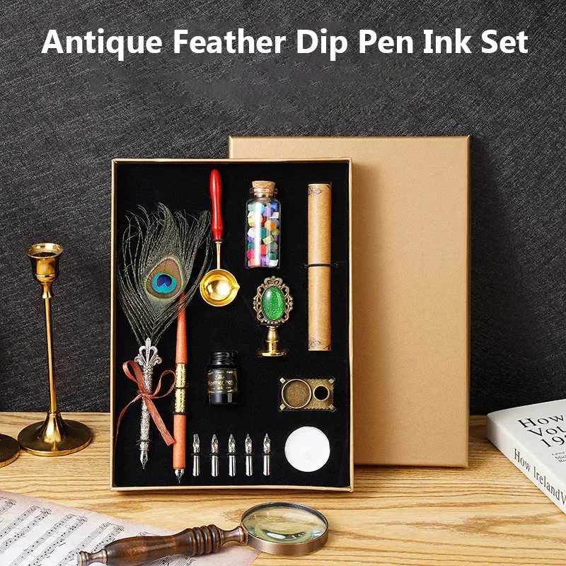 

European Style Quill Pens Set with Ink New Retro Dipping Quill Pen Wholesale Lacquer Seal Student Dip Pencil Feather Pen Gifts