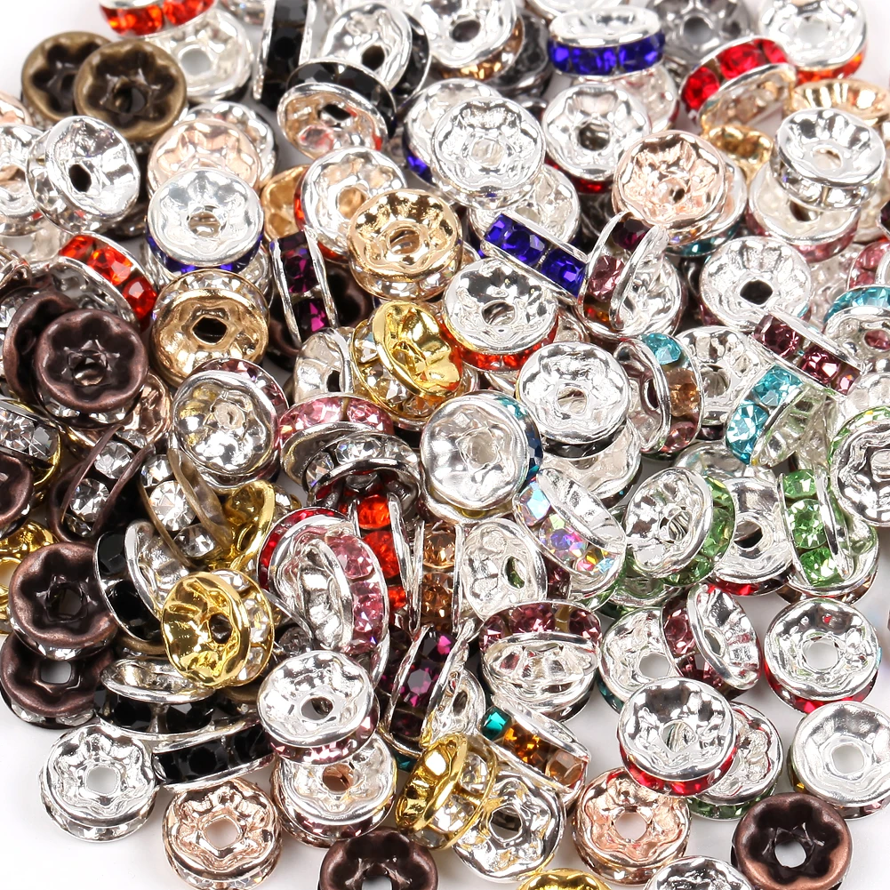 50pcs/lot 4 6 8 10mm Colorful Rhinestone Rondelles Crystal Flat Round Spacer Beads For Jewelry Making DIY Bracelet Accessories