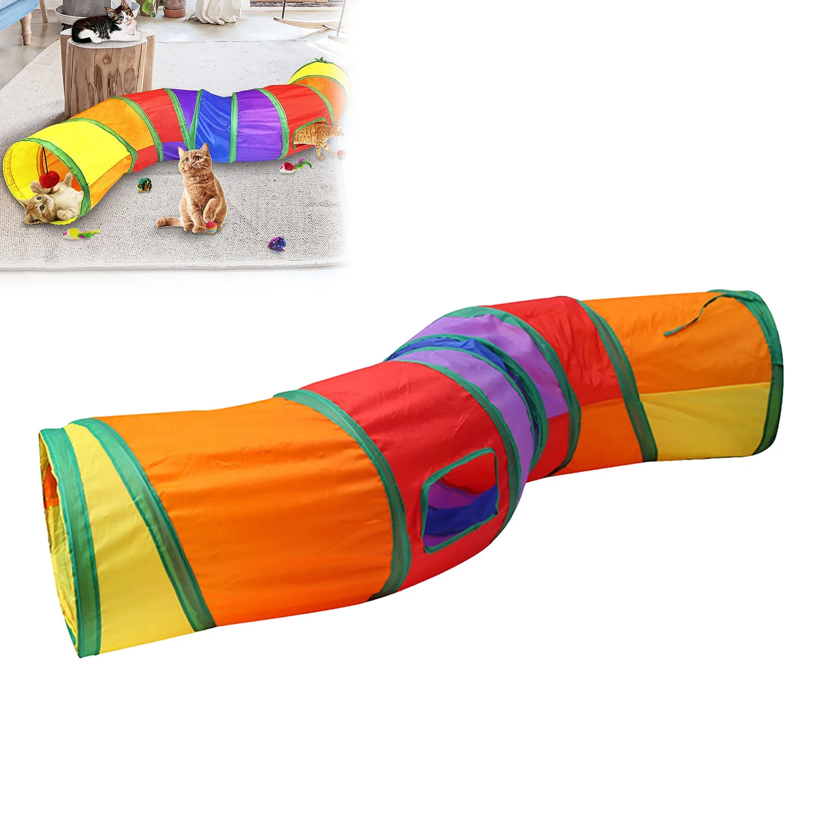 실내용 고양이 터널, 4년 이상 고양이용, 놀이 공간과 구멍이 있는 인터랙티브 S자형 접이식 고양이 터널, 크링클 장난감, 대형