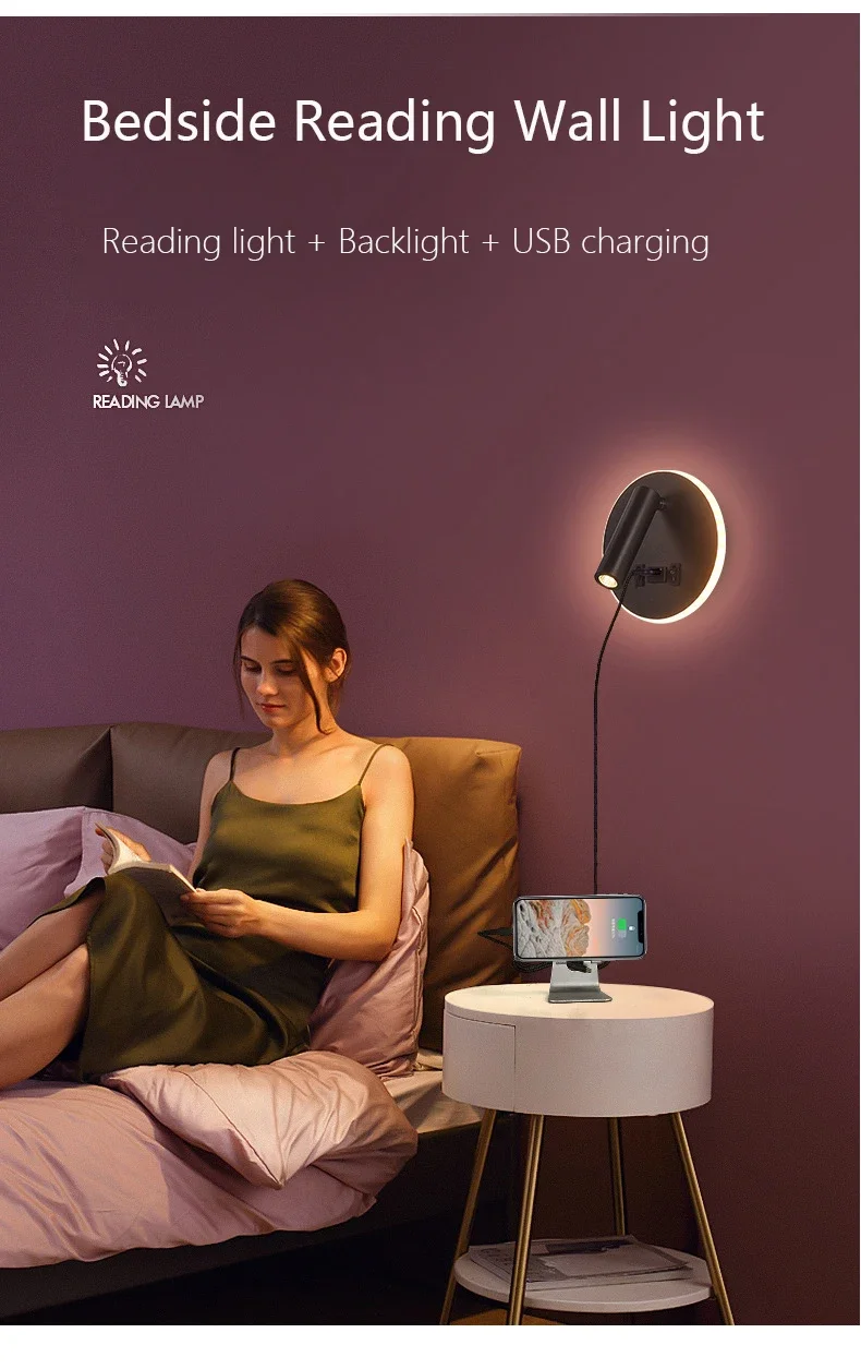 Modern Minimalist Led Wall Lamp USB Charging Indoor Bedroom Lamp Hotel Bedside Reading Lamp Wall Lights Sconce Switch AC 90~240V 5
