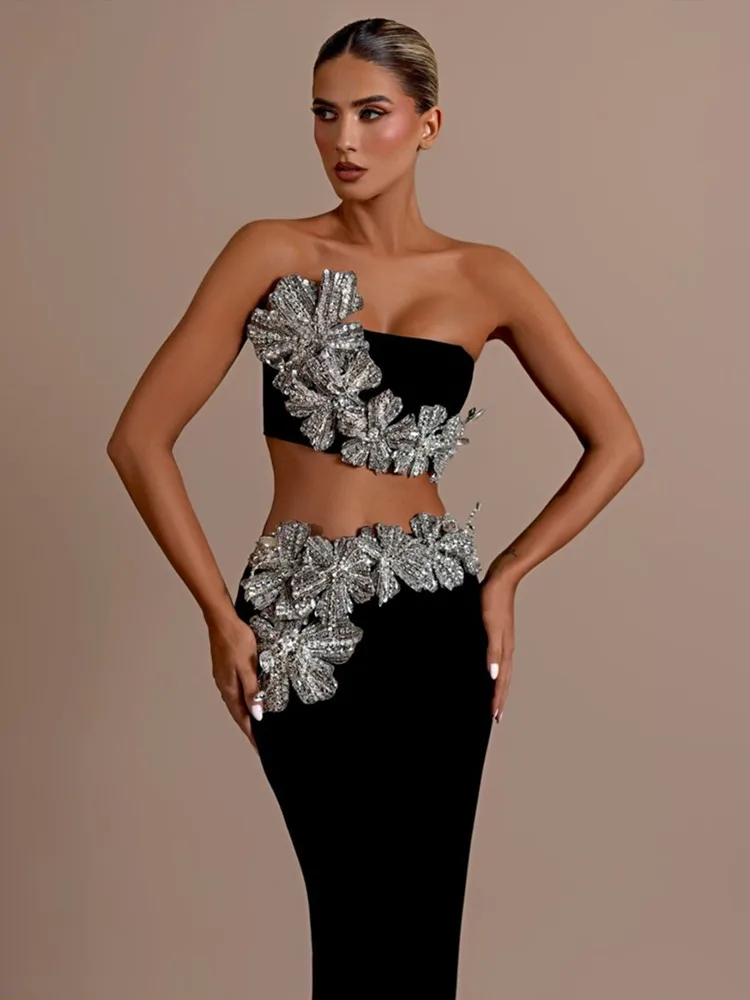 Women Sexy Strapless Flower Diamonds Crystal Black Maxi Long Bandage Skirt Set 2024 Knitted Elegant Evening Club Party Clothing 3