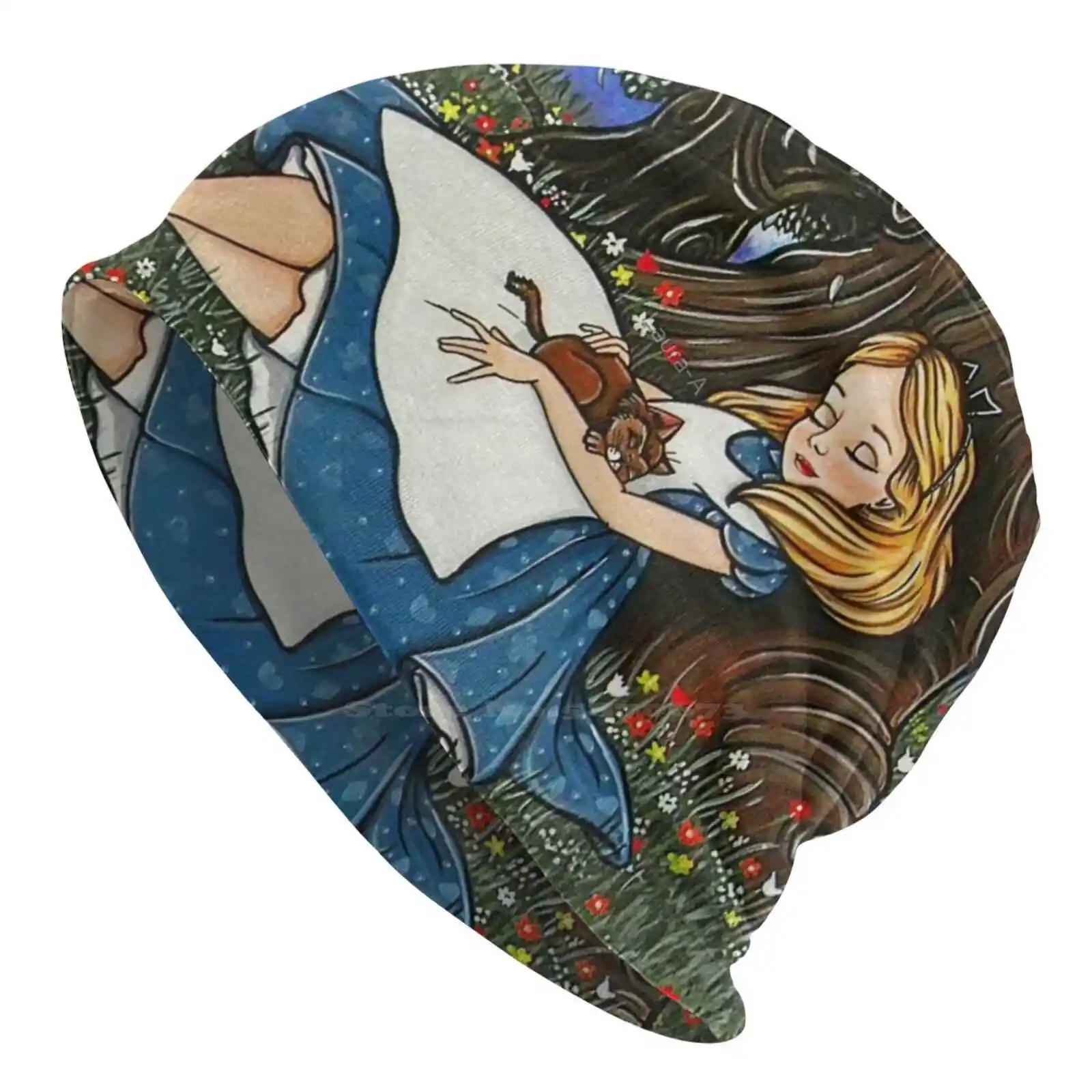 -Alice #2-Cappello Lavorato A Maglia Berretto Caldo Berretti Da Esterno Alice In Acrilico Fantasy Stregatto Tree Green Nature Sleeping Cat Original