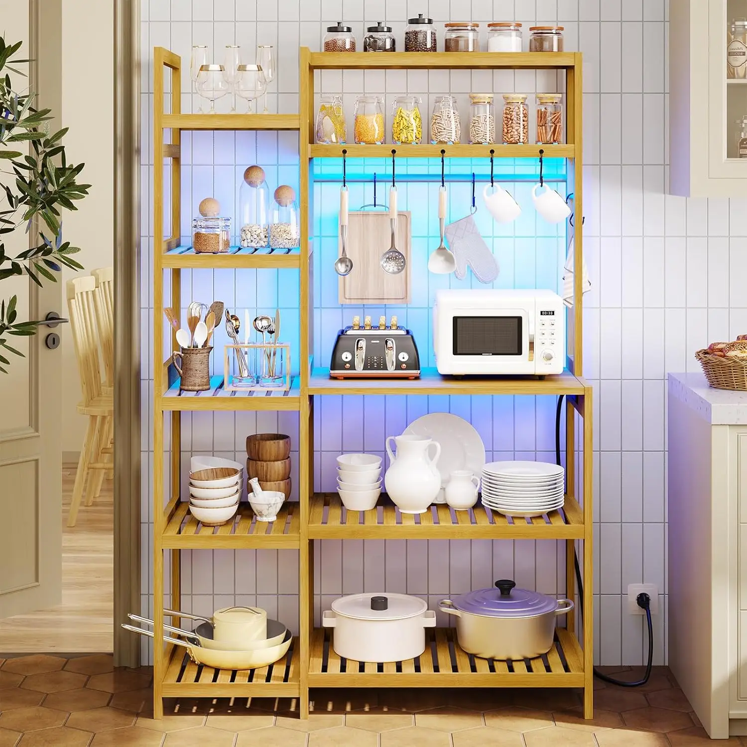 Baker rack with power outlet, 10 level kitchen rack with 8 hooks, microwave Kitchen Freestanding utility storage