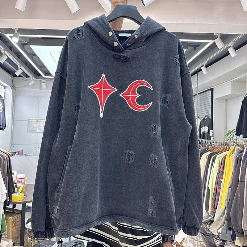 

New Style Washed Embroidery Letter Damaged Hoodie Men Women Best Quality Sweatshirts Oversize Pullovers Hooded Hip Hop