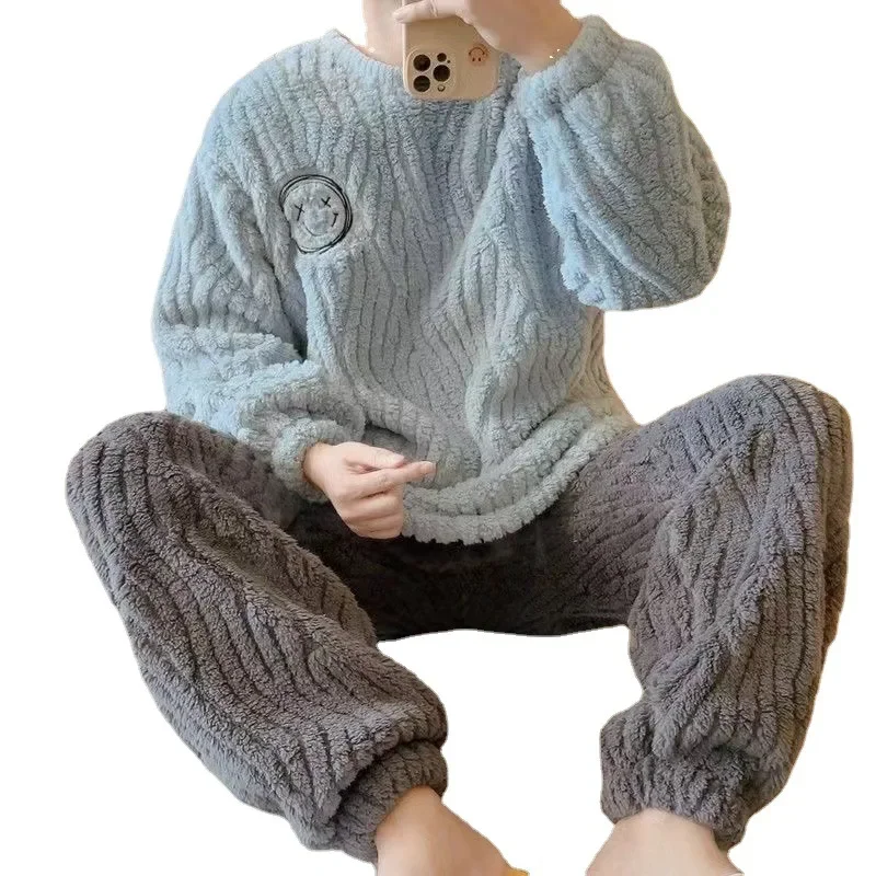Pajama Set Men Autumn Winter Thickened Fleece-lined Long Plush Korean Style Home Clothes Two-piece Suit