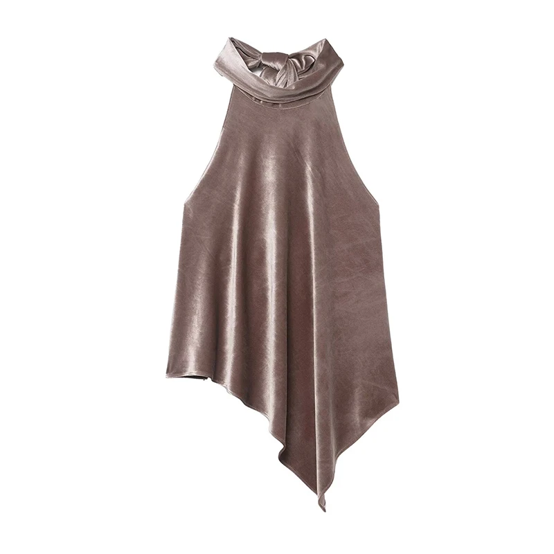 Women's Top 2025 Autumn New Style Asymmetry Velvet Halter Neck Backless Tie Top Sexy Fashion Versatile and Stylish Short Tops