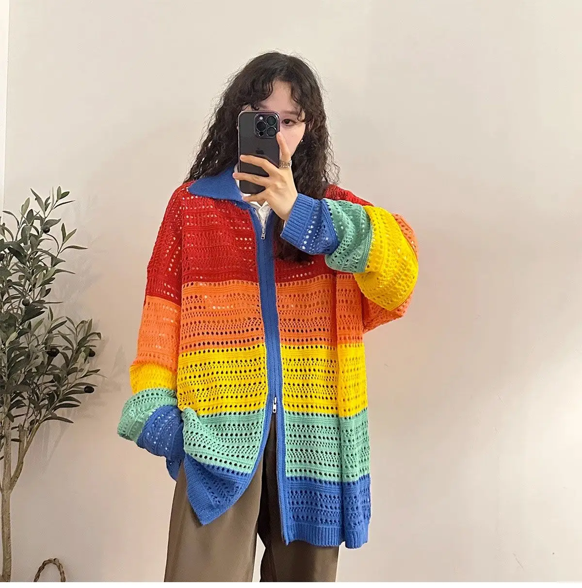 

STSVZORR-Knitted Cardigan Top, Loose Vintage, Colorful Stripes, Contrast Hollow, Polo Neck, New, Autumn