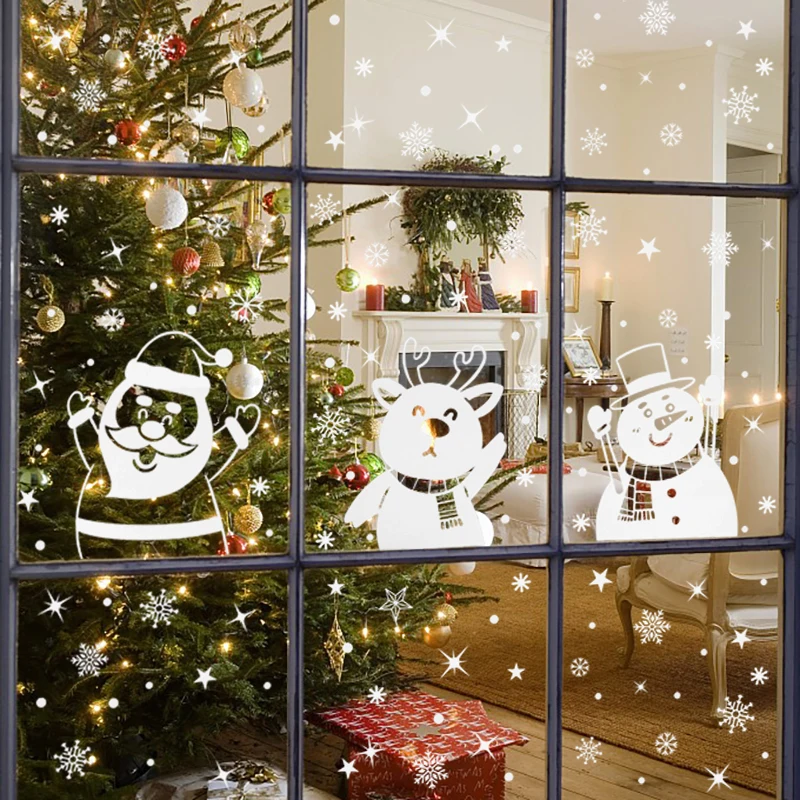 Wall Stickers 1Set Santa Claus Snowman Elk Window Stickers Snowflake Electrostatic Wall Sticker Christmas Decoration For Home New Year