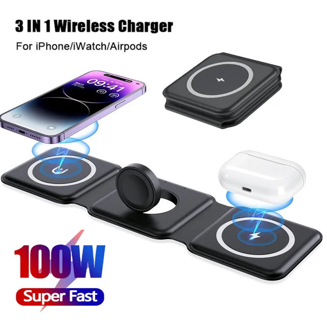 Chargeur sans fil portable pliable, 3 en 1, 100W, iPhone 15, 14, 13, 12, Pro, Max, Apple Watch, AirPods, Charge rapide, Station S6 1