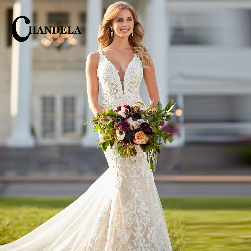 

CHANDELA Graceful Trumpet Wedding Dresses Lace Appliques Scoop Sleeveless Bridal Gown Vestido De Casamento Customised For Women