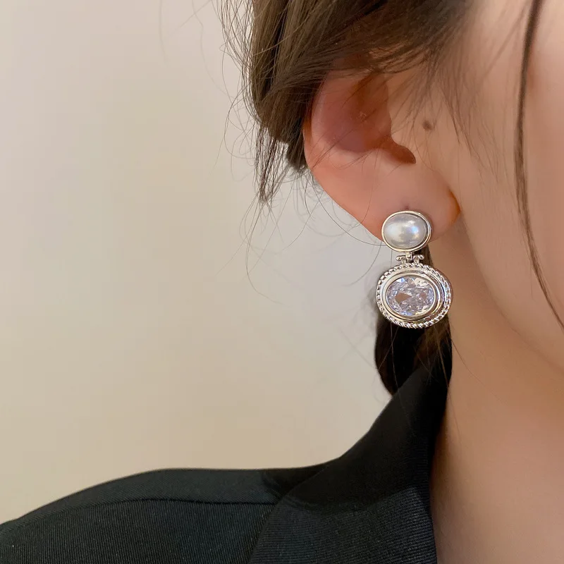 S3437 Geometric Ellipse Faux Pearl Zircon Shinning Dangle Earrings For Women S925 Silver Needle Stud Earrings