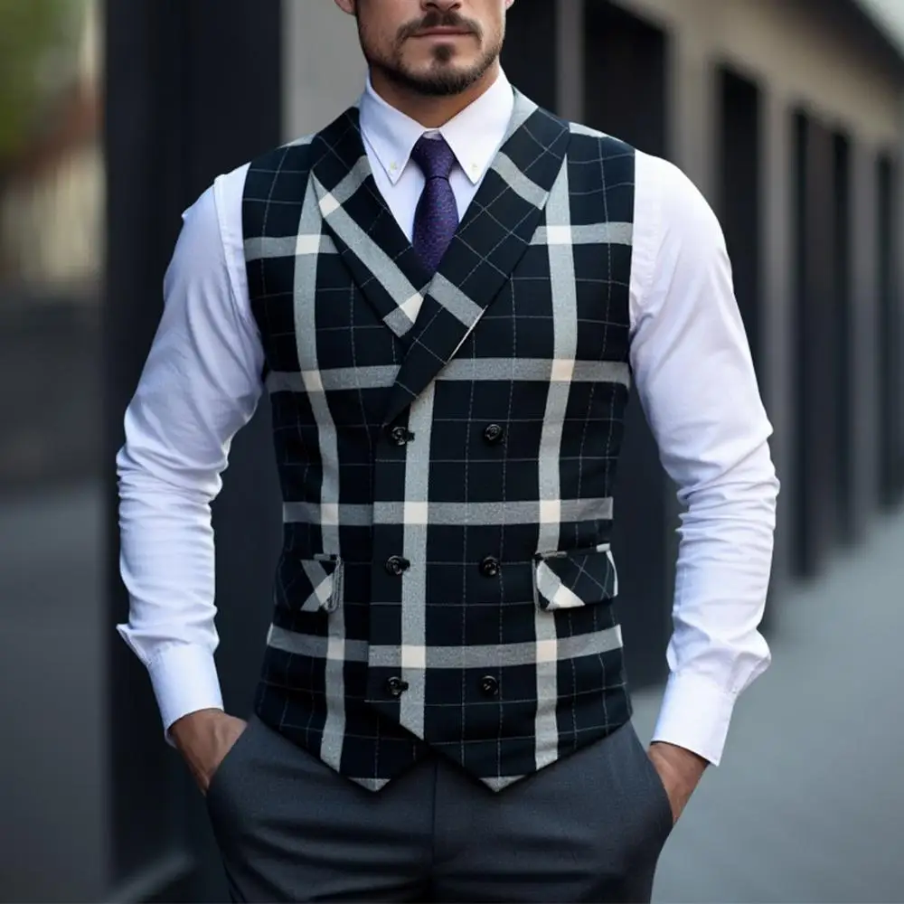 Classic Plaid Medieval Vest for Men Double Breasted Designer Waistcoat Vintage Gilet Hombre Men Wedding Formal Dress Vest