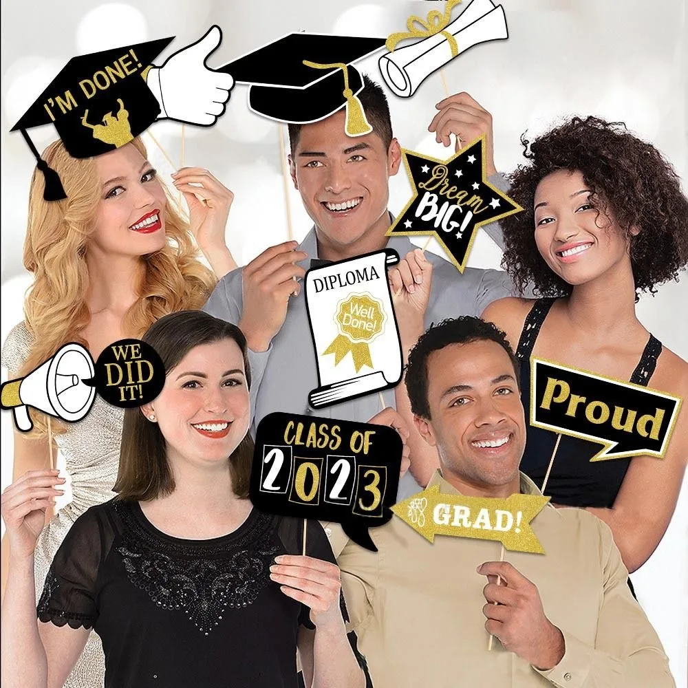 Congrate Graduation Selfie Photo Booth Props Paper Bachelor Cap Holder with Stick for Class Of Graduation Reunion 25pcs/set
