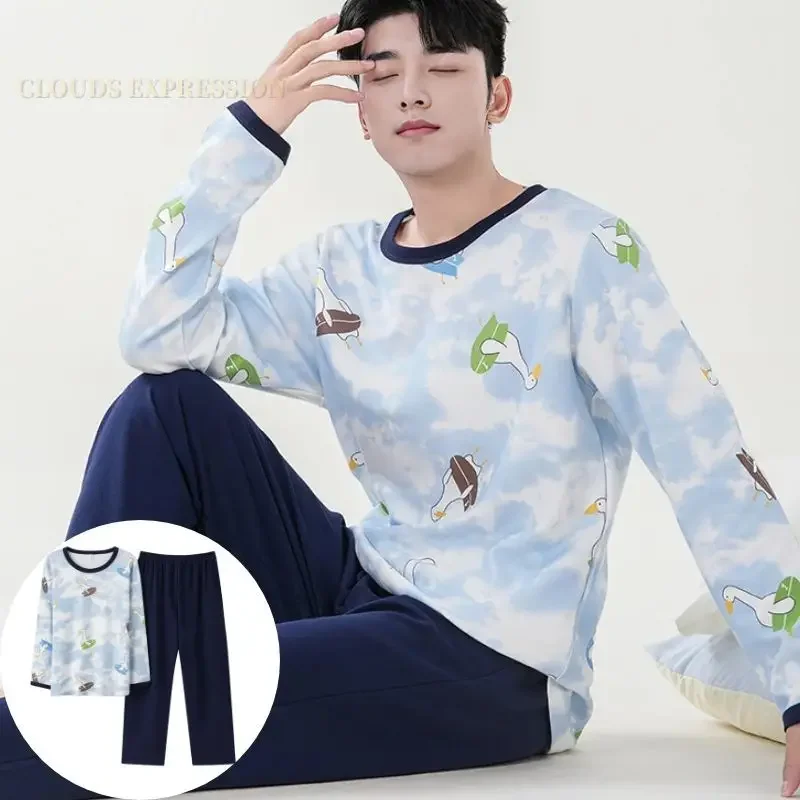 Autumn Winter Men's Cotton Pajamas Letter Plaid Sleepwear Cartoon Pajama Sets Casual Sleep&Lounge Pyjamas Plus Size 4XL Pijama