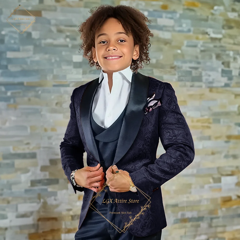 Boys 5-Piece Floral Jacquard Tuxedo Suit with Double Breasted Waistcoat - Blue