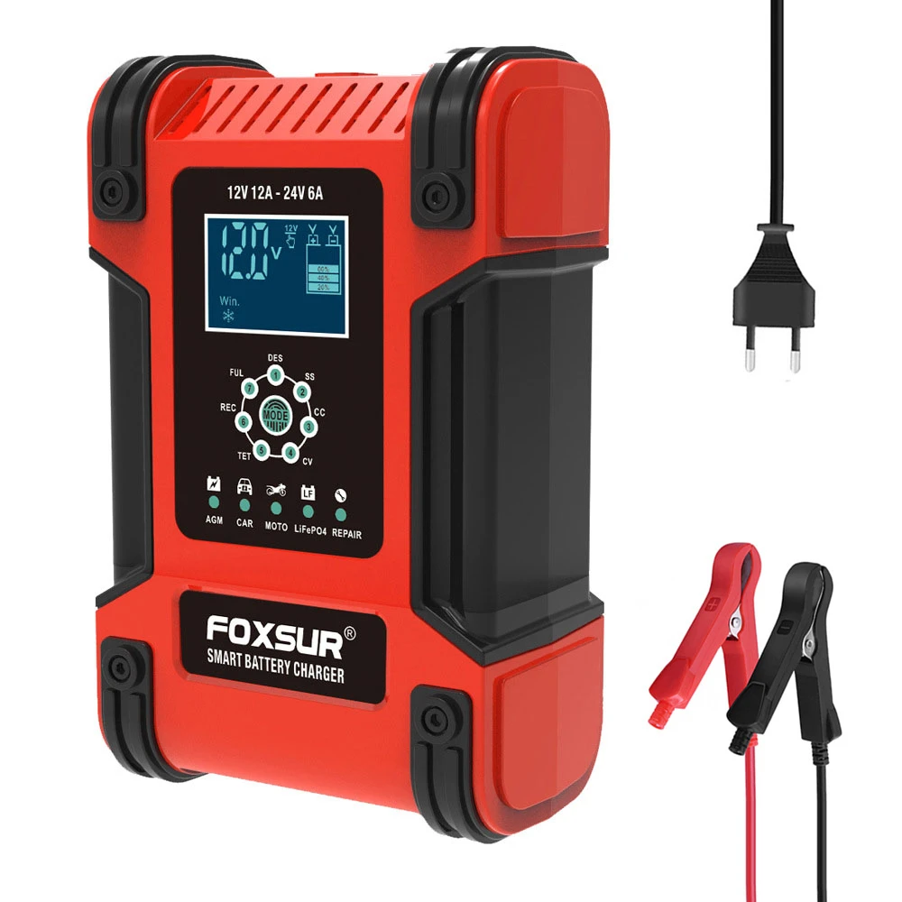 Foxsur Quick Charge 12A Car Battery Charger 12V 24V Pulse Repair LiFePO4 Motorcycle Car Battery Charger AGM Deep GEL Lead-Acid