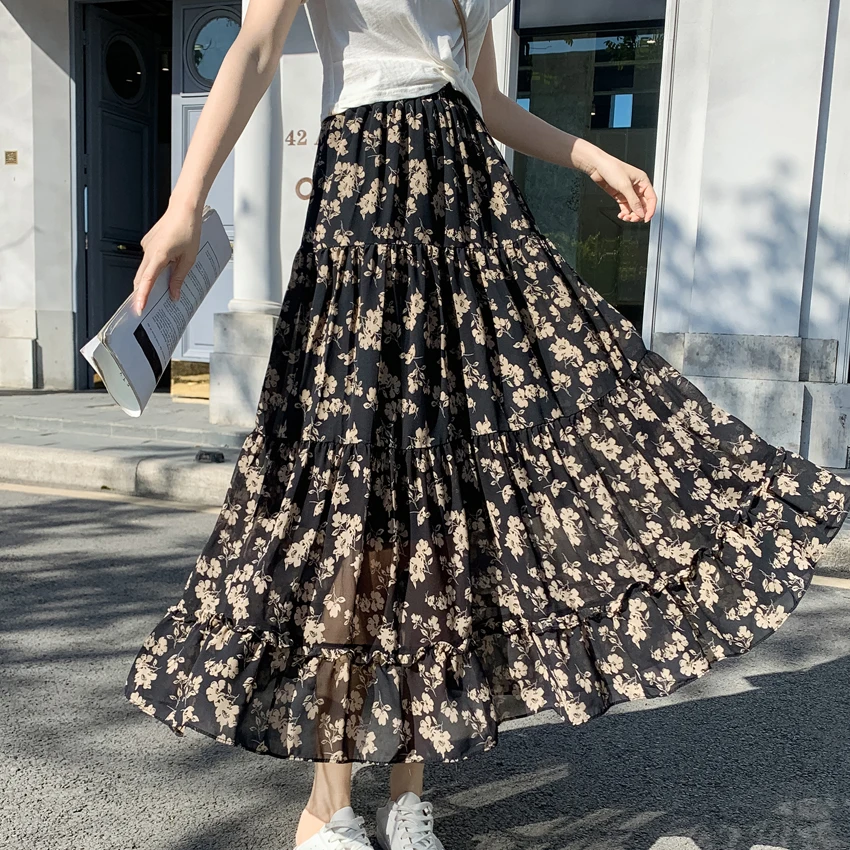 シルクシフォンロングスカート,春の花柄,フレア,マキシ,自由奔放