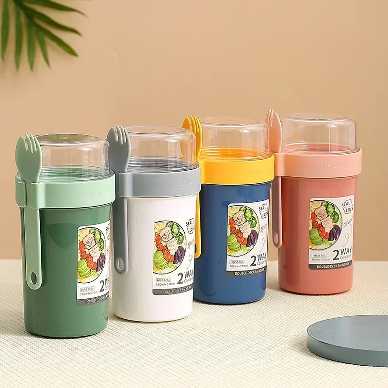 Bento Lunch Box Salad Oatmeal Breakfast Double Cup Cereal Nut Yogurt Container Set With Dressing Holder Fork Meal Preparation - 3