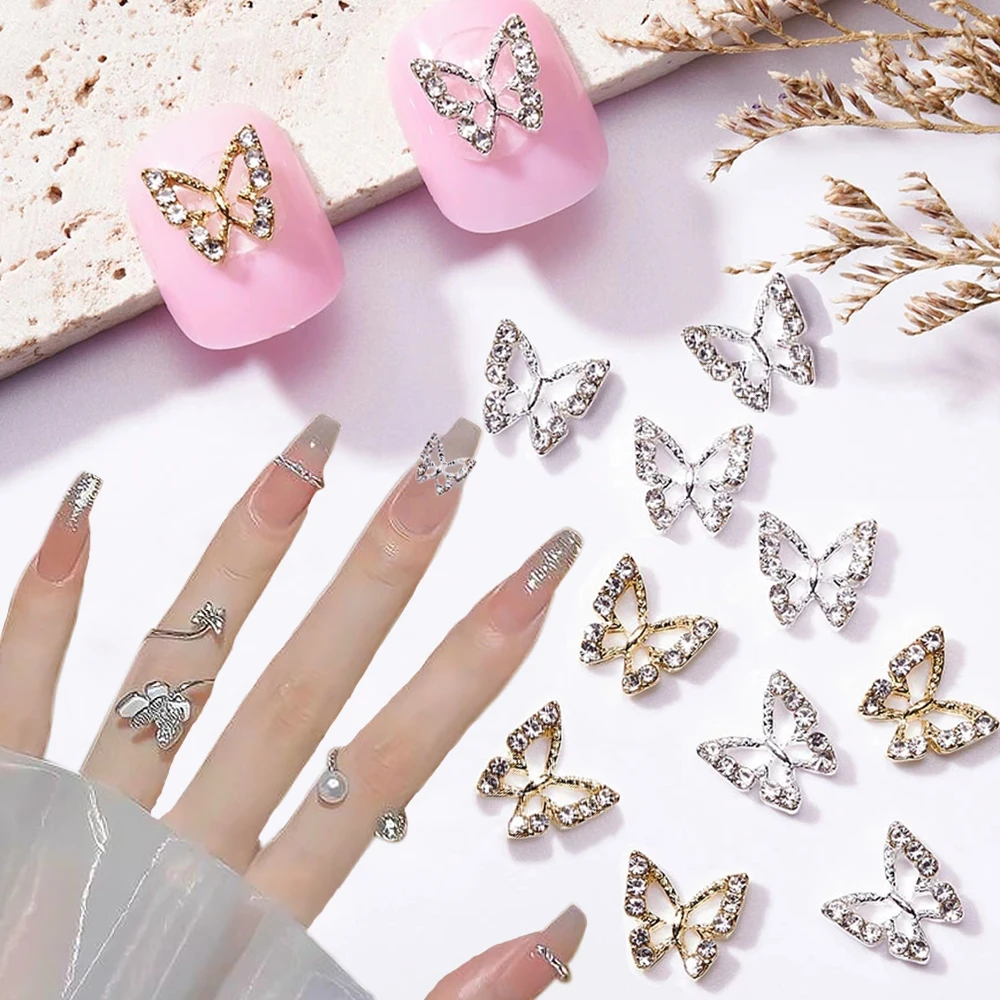 

10pcs 3D Alloy Butterfly Nail Charms Metal Butterfly Nail Gems Rhinestones for Nails Crystal Nail Art Jewelry Nail Accessories