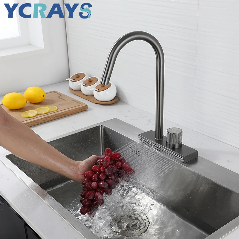 

YCRAYS Waterfall Sink Faucet For Kitchen Hot Cold Mixer Wash Basin Multiple Water Outlets Rotation Flying Rain Tap Single Hole