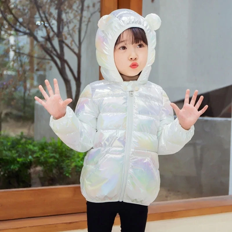 Kids Shiny Bear Ear Hooded Puffer Jacket Girls Boys Colorful Metallic Coat Winter Warm Outwear