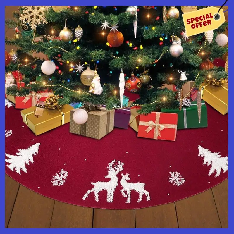 36 Inches Knitted Christmas Tree Skirt,3D Elk Xmas Tree Base Cover Mat,Rustic Skirt For Holiday Party Decorationsa01p
