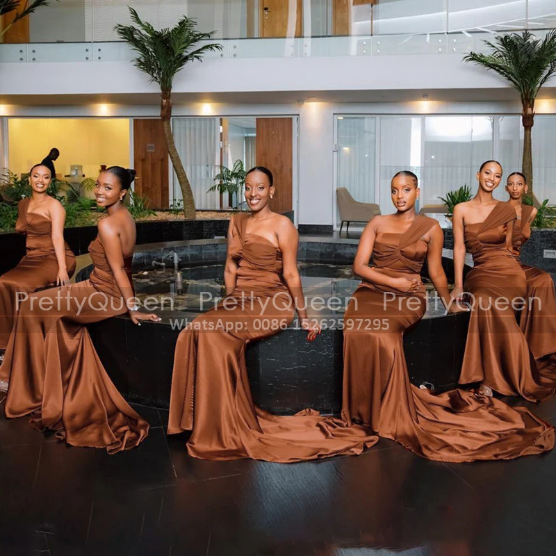 One Shoulder Bridesmaid Dresses Mermaid Long Sweep Train Sheath Sleeveless Women Burnt Party Dress Maid Of Honor
